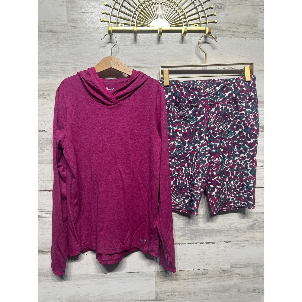 BCG Activewear Set Girls 12/14 Magenta Hoodie and Patterned Bike Shorts EUC‎